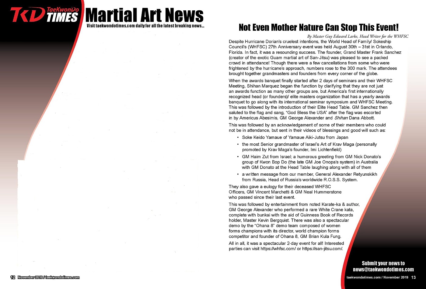 2019 November TaeKwonDo Times Magazine press release on WHFSC 2019 November TaeKwonDo Times Magazine press release on WHFSC